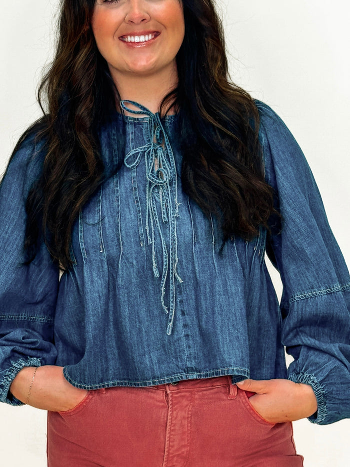Washed Denim Pleated Front Tie Flare Top