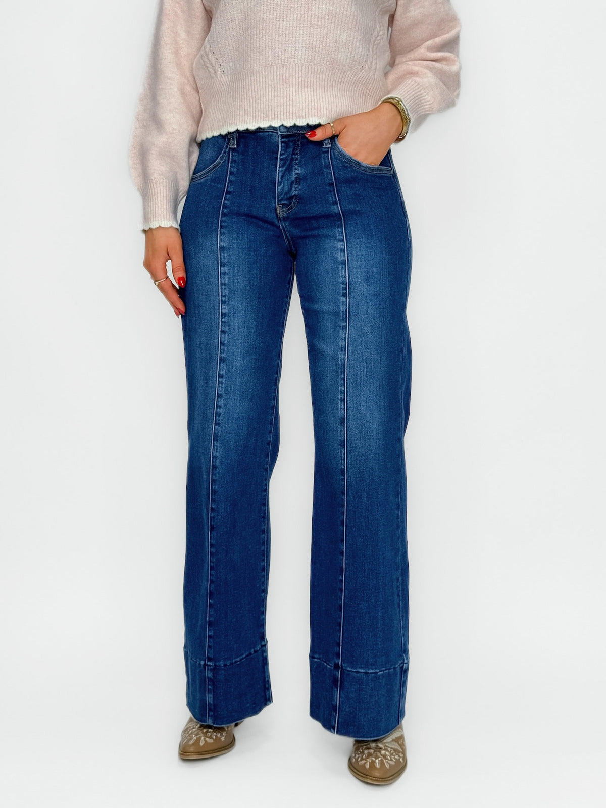 Risen Mid-Rise Ankle Wide Flare Jeans