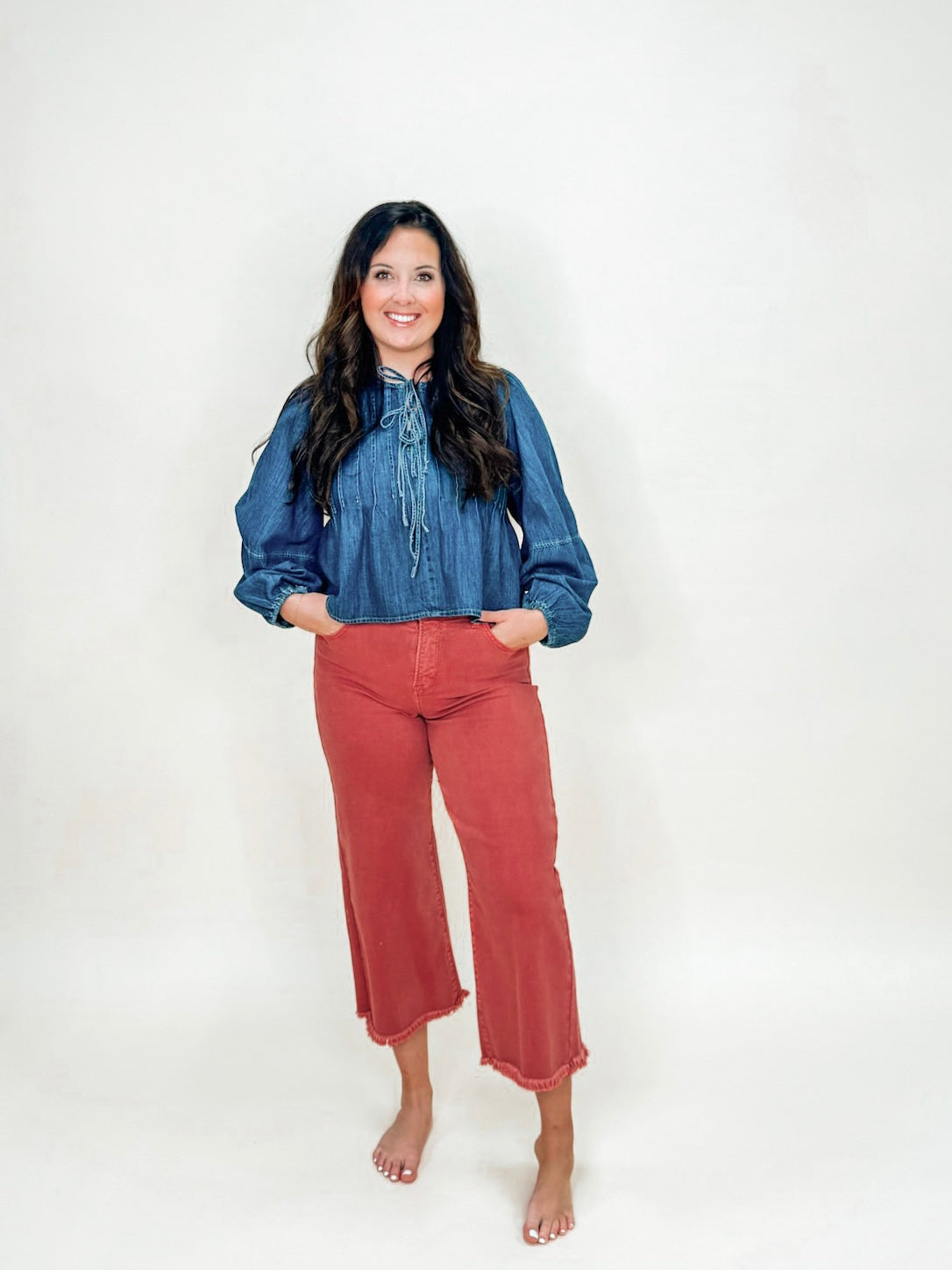 Washed Denim Pleated Front Tie Flare Top