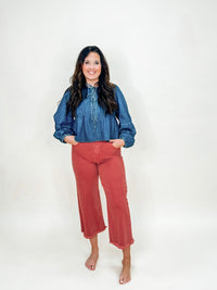 Washed Denim Pleated Front Tie Flare Top