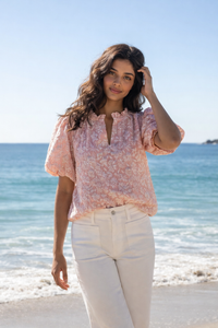 Pink & White Brocade Puff Sleeve Top