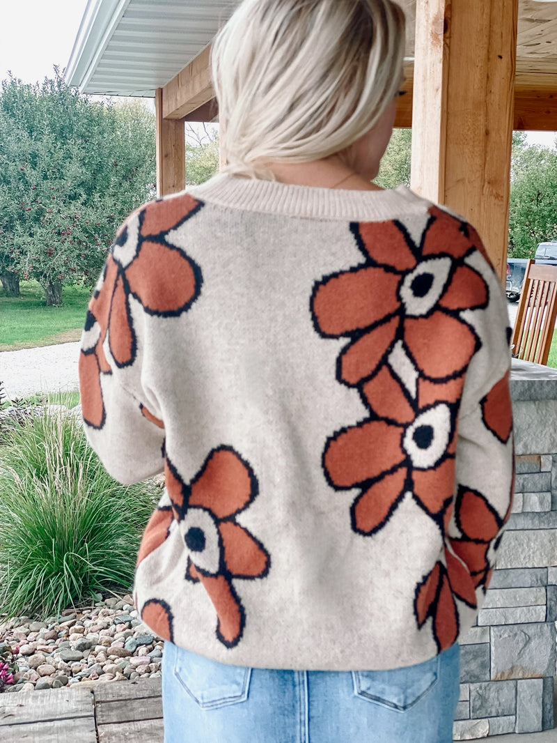 Black Tracing Bubble Flower Sweater Tan and Orange