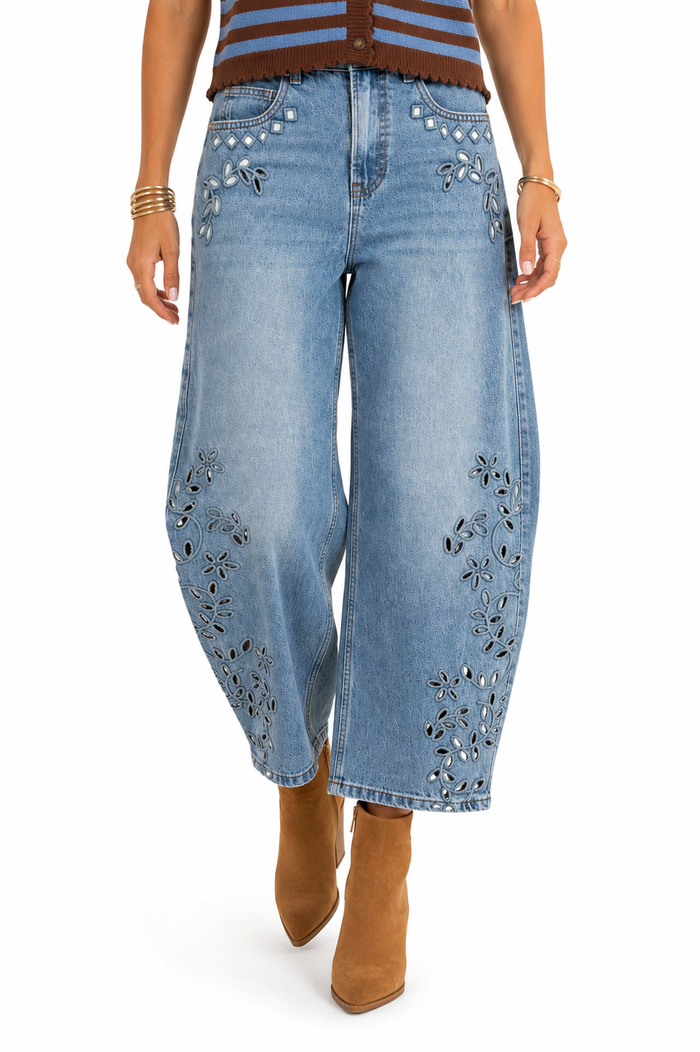 Saige Denim – High-Rise Low Curve Barrel Jeans with Cutout Embroidery