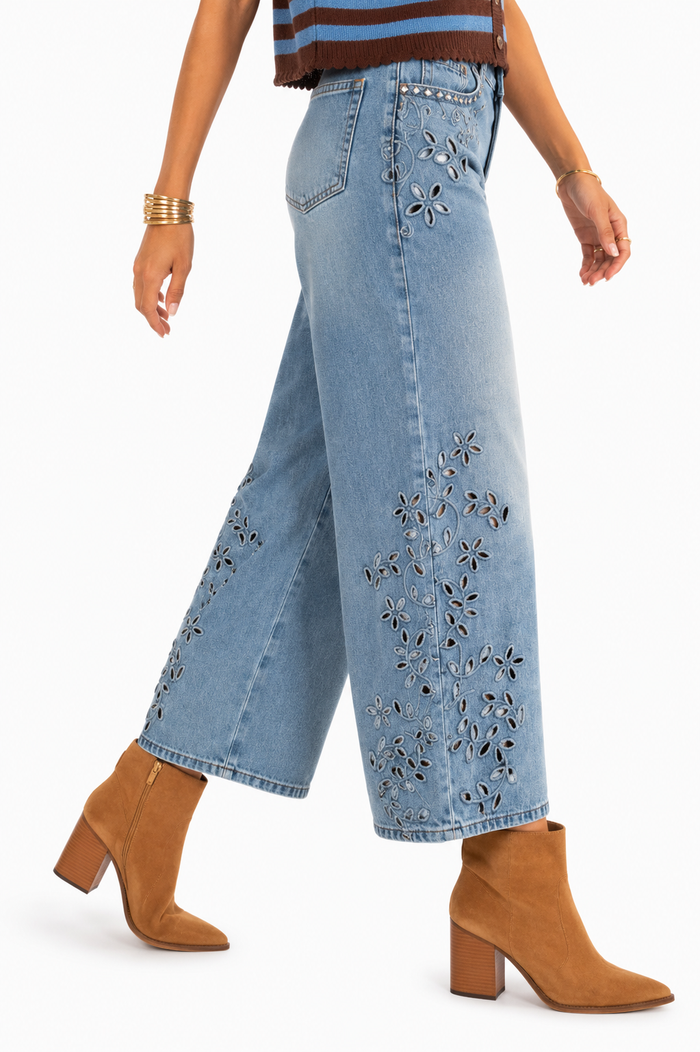 Saige Denim – High-Rise Low Curve Barrel Jeans with Cutout Embroidery