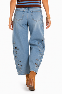 Saige Denim – High-Rise Low Curve Barrel Jeans with Cutout Embroidery
