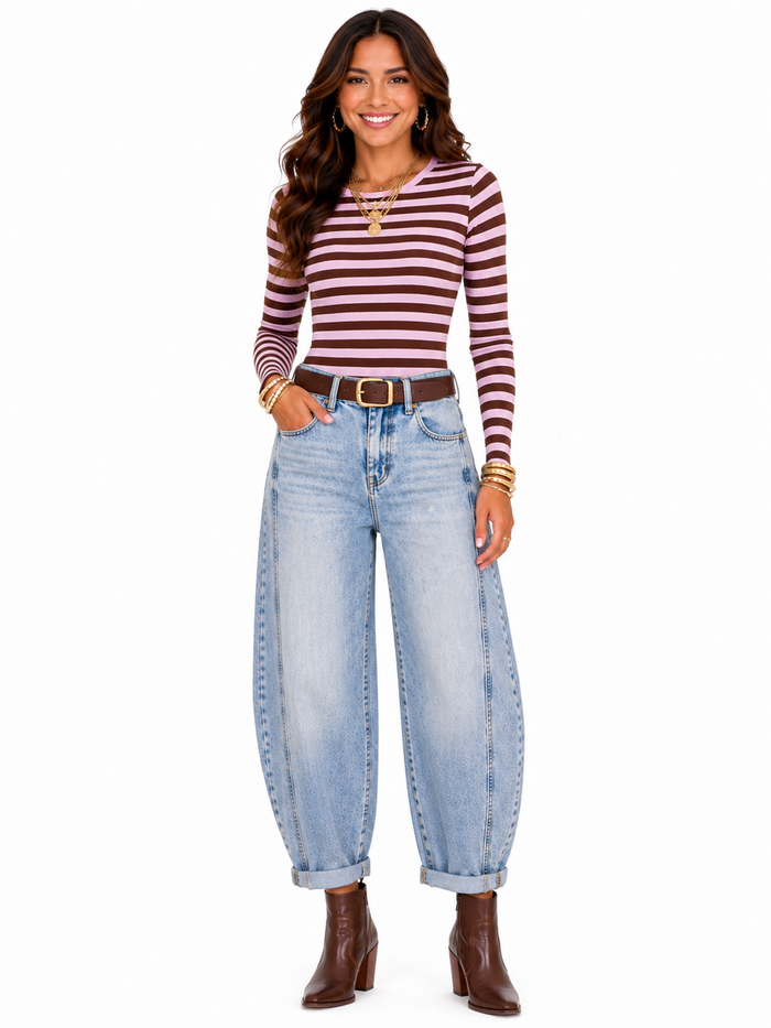 High Rise Cuff Crop Barrel Jeans-Riseen