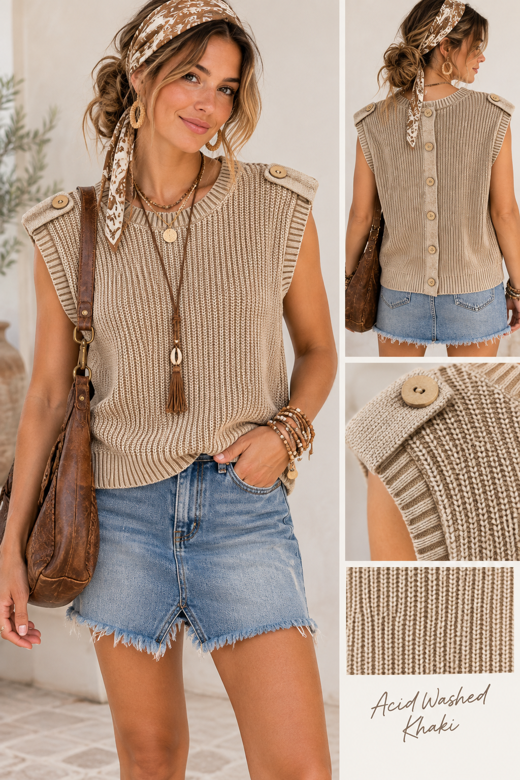 Free Spirit Distressed Sweater Vest – Acid Wash Khaki