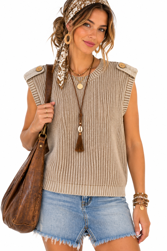 Free Spirit Distressed Sweater Vest – Acid Wash Khaki