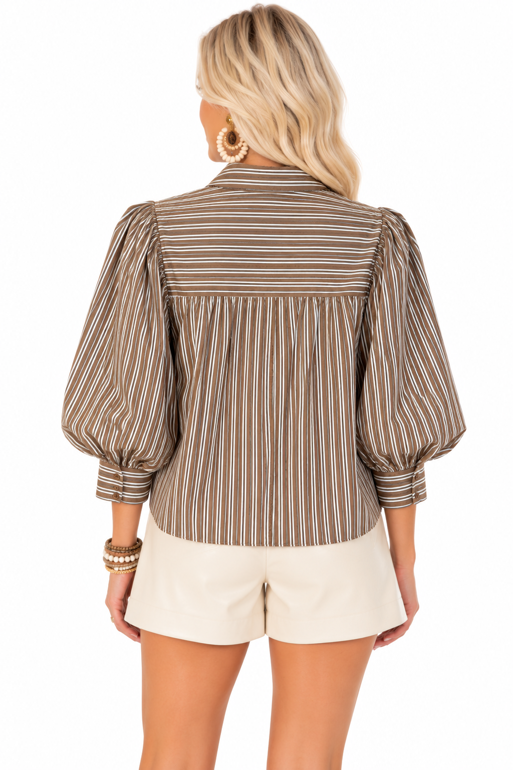 Saddle Stripe Puff Sleeve Top – Brown
