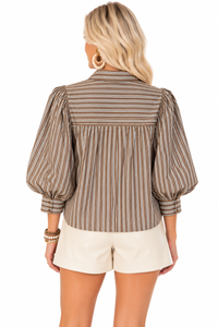 Saddle Stripe Puff Sleeve Top – Brown