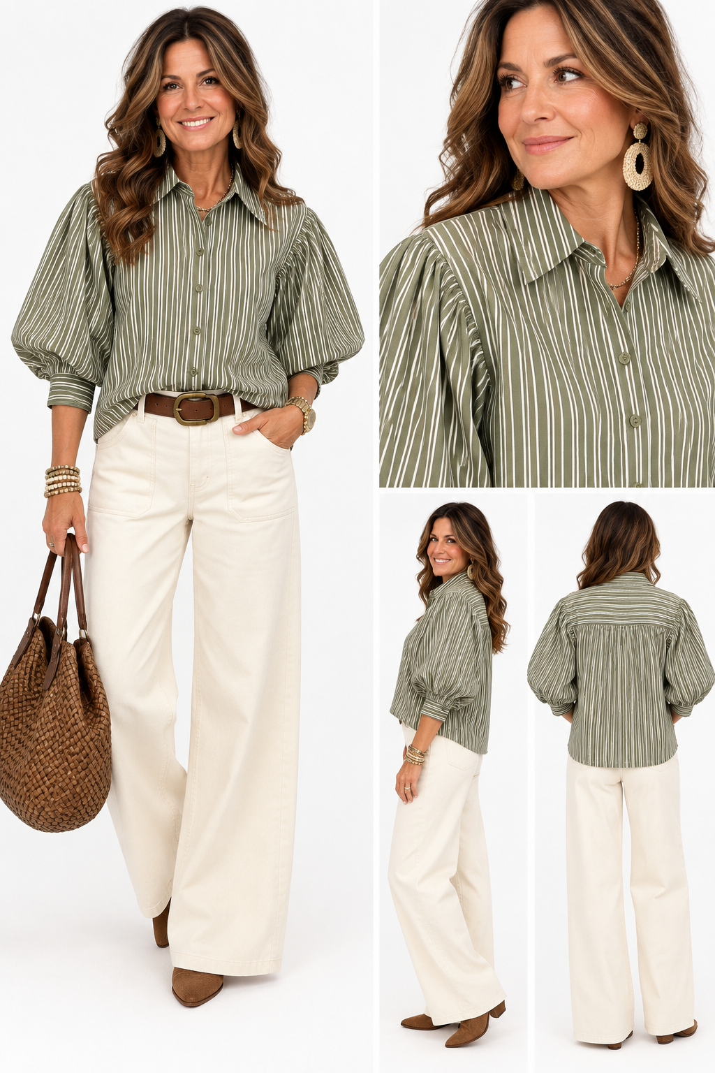 Saddle Stripe Puff Sleeve Top – Olive