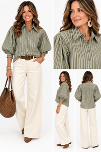 Saddle Stripe Puff Sleeve Top – Olive