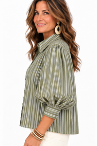 Saddle Stripe Puff Sleeve Top – Olive