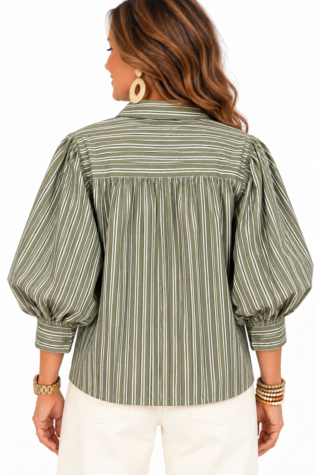 Saddle Stripe Puff Sleeve Top – Olive