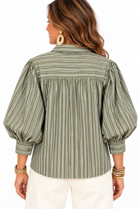 Saddle Stripe Puff Sleeve Top – Olive