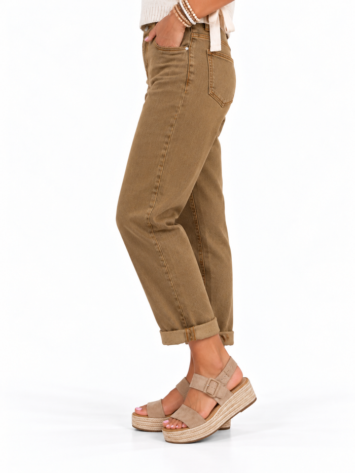 Coffee Run Cuffed Boyfriend Jeans – Cappuccino