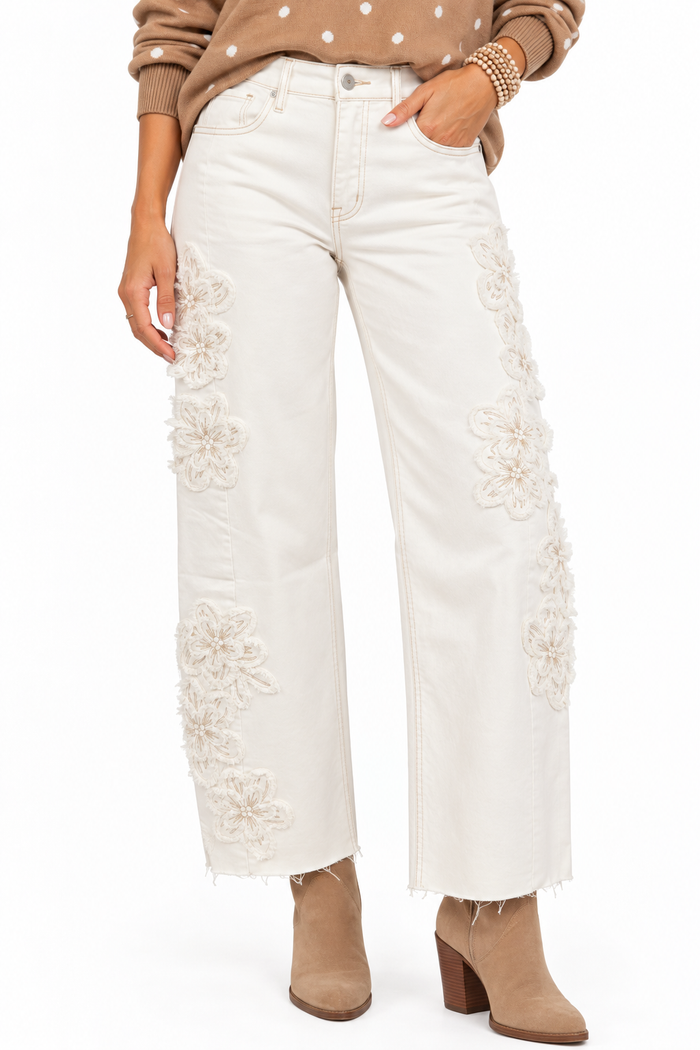 Risen Ivory Embellished Barrel Jeans