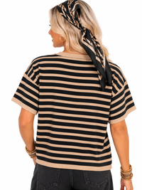 Harlow Stripe Snap Sweater | Black & Camel