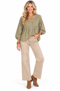 The Laurel Olive Eyelet Blouse