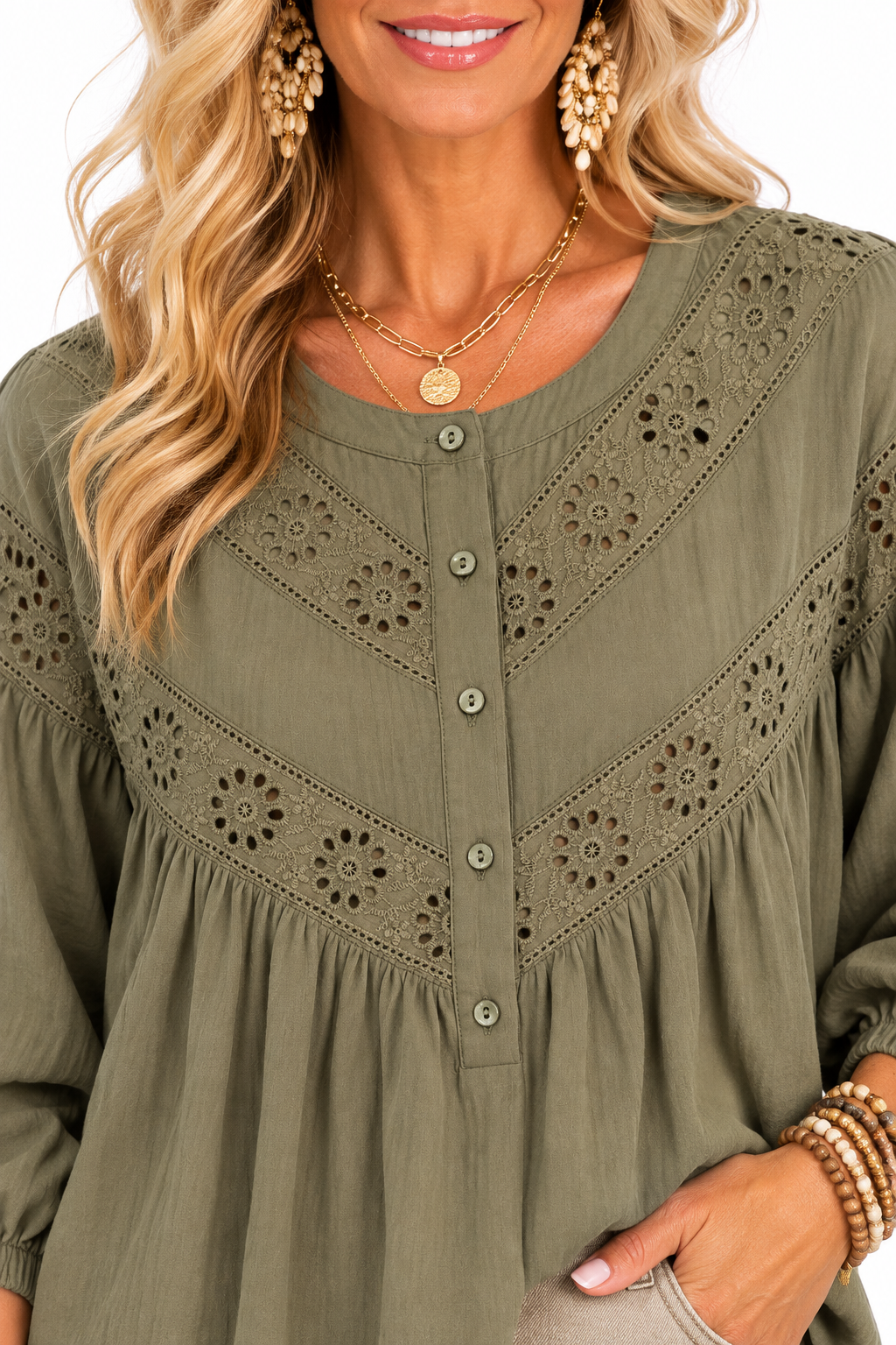 The Laurel Olive Eyelet Blouse