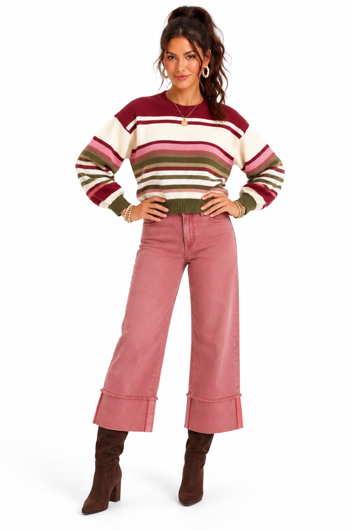 Risen Washed Burgundy Tummy Control Wide Cuff Jeans