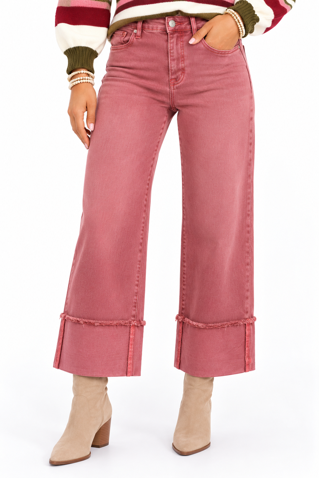 Risen Washed Burgundy Tummy Control Wide Cuff Jeans