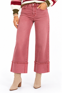 Risen Washed Burgundy Tummy Control Wide Cuff Jeans