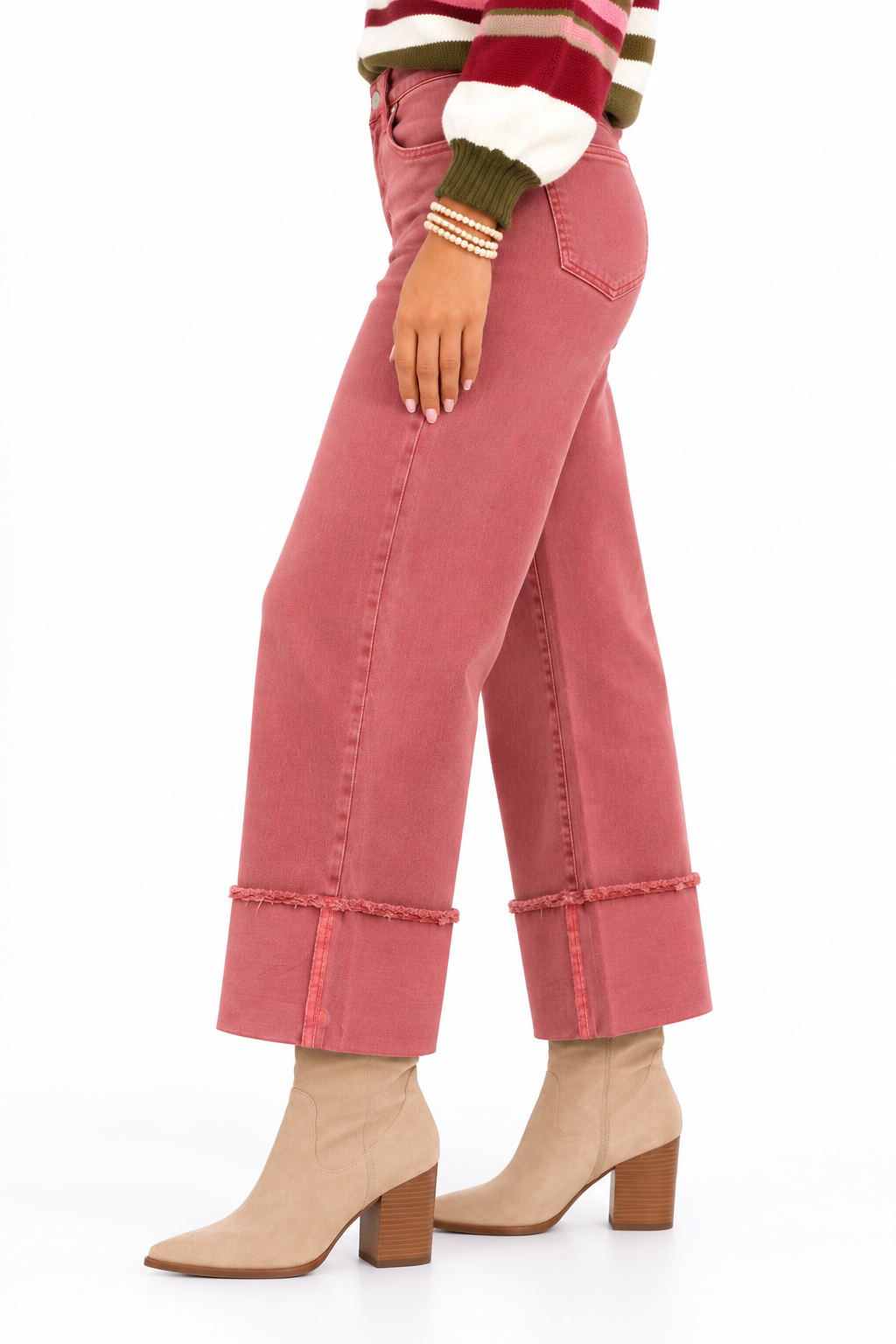 Risen Washed Burgundy Tummy Control Wide Cuff Jeans