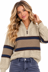 Sutton Ridge Striped Cable Knit Quarter-Zip Sweater