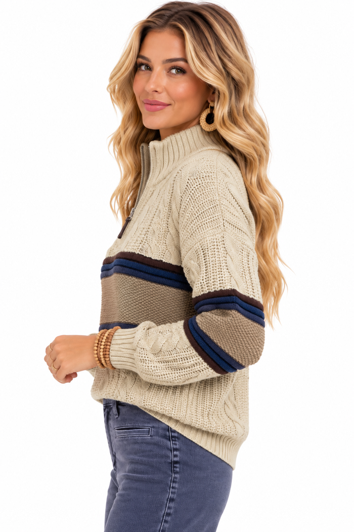 Sutton Ridge Striped Cable Knit Quarter-Zip Sweater