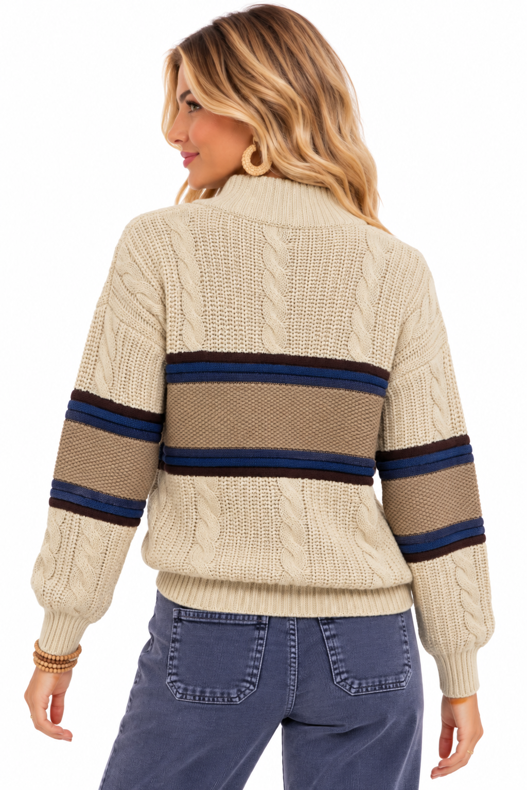 Sutton Ridge Striped Cable Knit Quarter-Zip Sweater