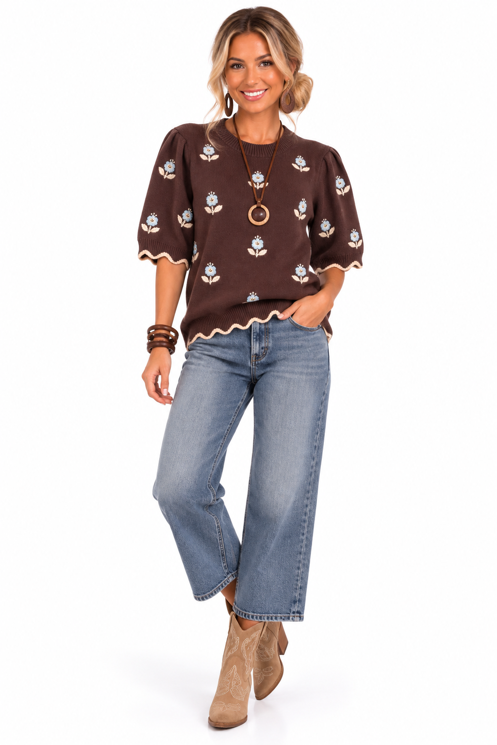 Winslet Floral Scallop Sweater – Chocolate Brown