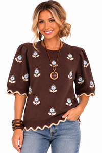 Winslet Floral Scallop Sweater – Chocolate Brown