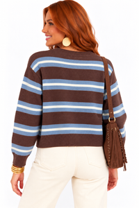 Hensley Stripe Cardigan Sweater – Chocolate & Dusty Blue