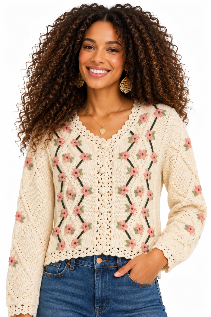 The Heather Embroidered Floral Cardigan Sweater – Ivory