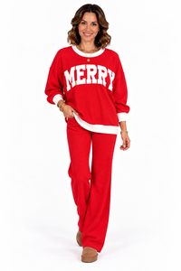 Merry Waffle Knit Oversized Pullover – Red