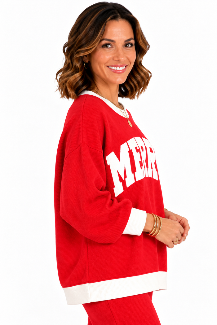Merry Waffle Knit Oversized Pullover – Red