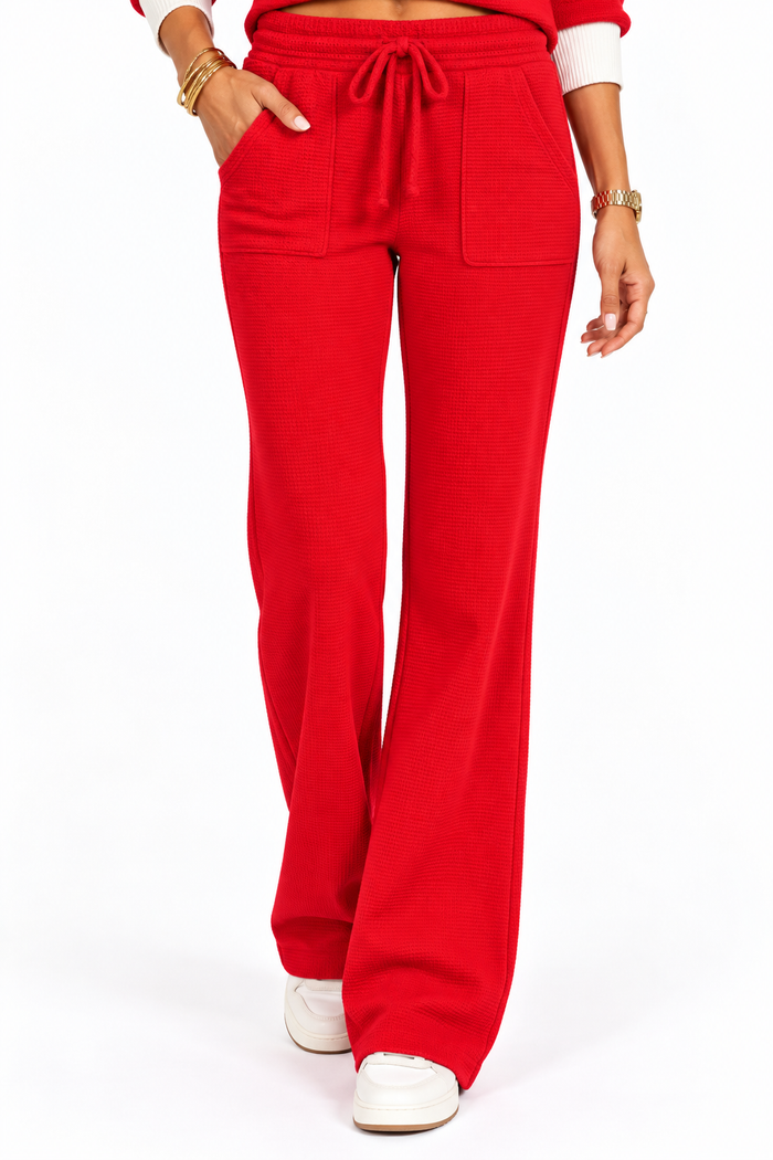 Merry & Bright Waffle Knit Wide Leg Pants – Red