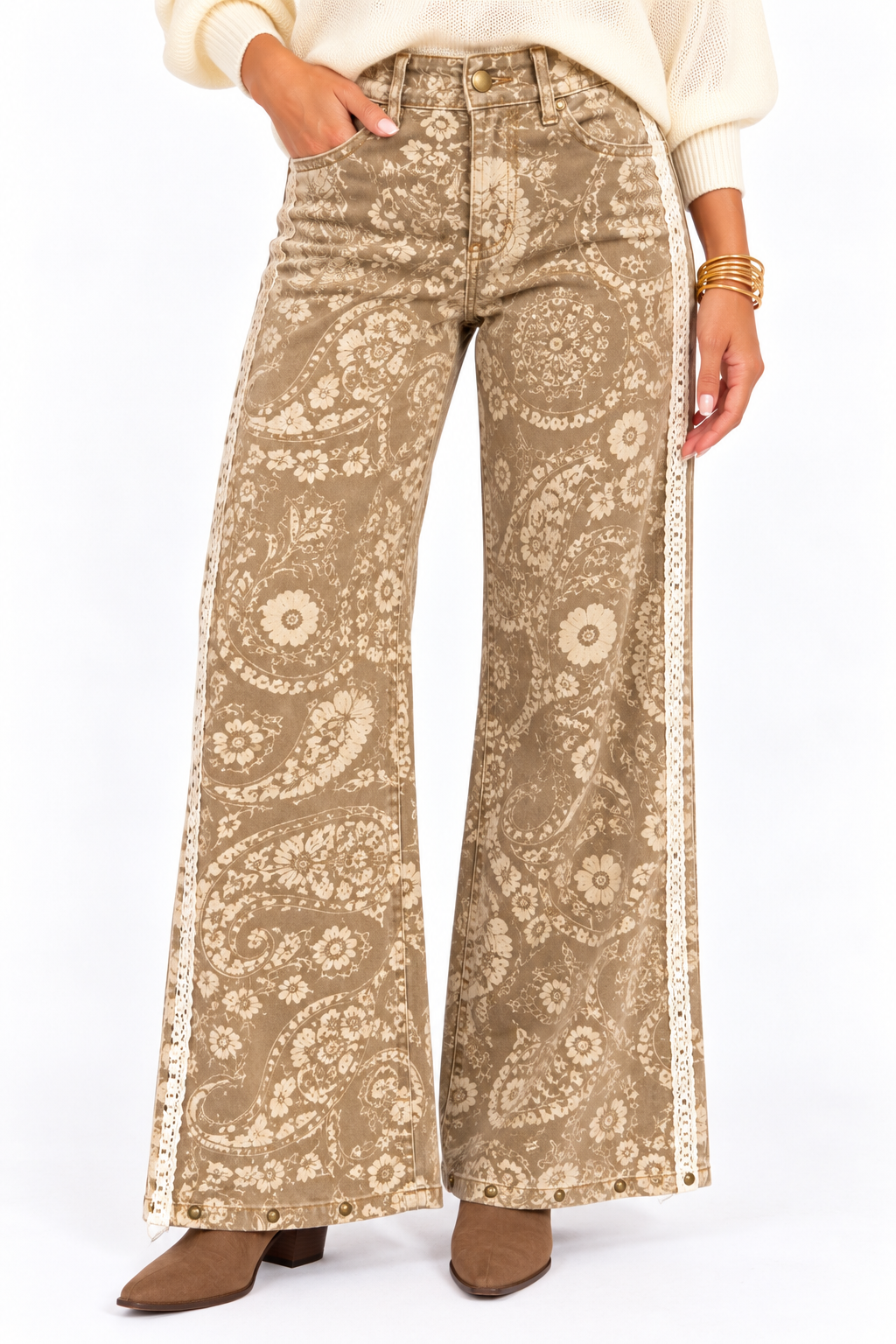 Heather Paisley Lace Trim Wide Leg Pants – Taupe