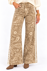 Heather Paisley Lace Trim Wide Leg Pants – Taupe