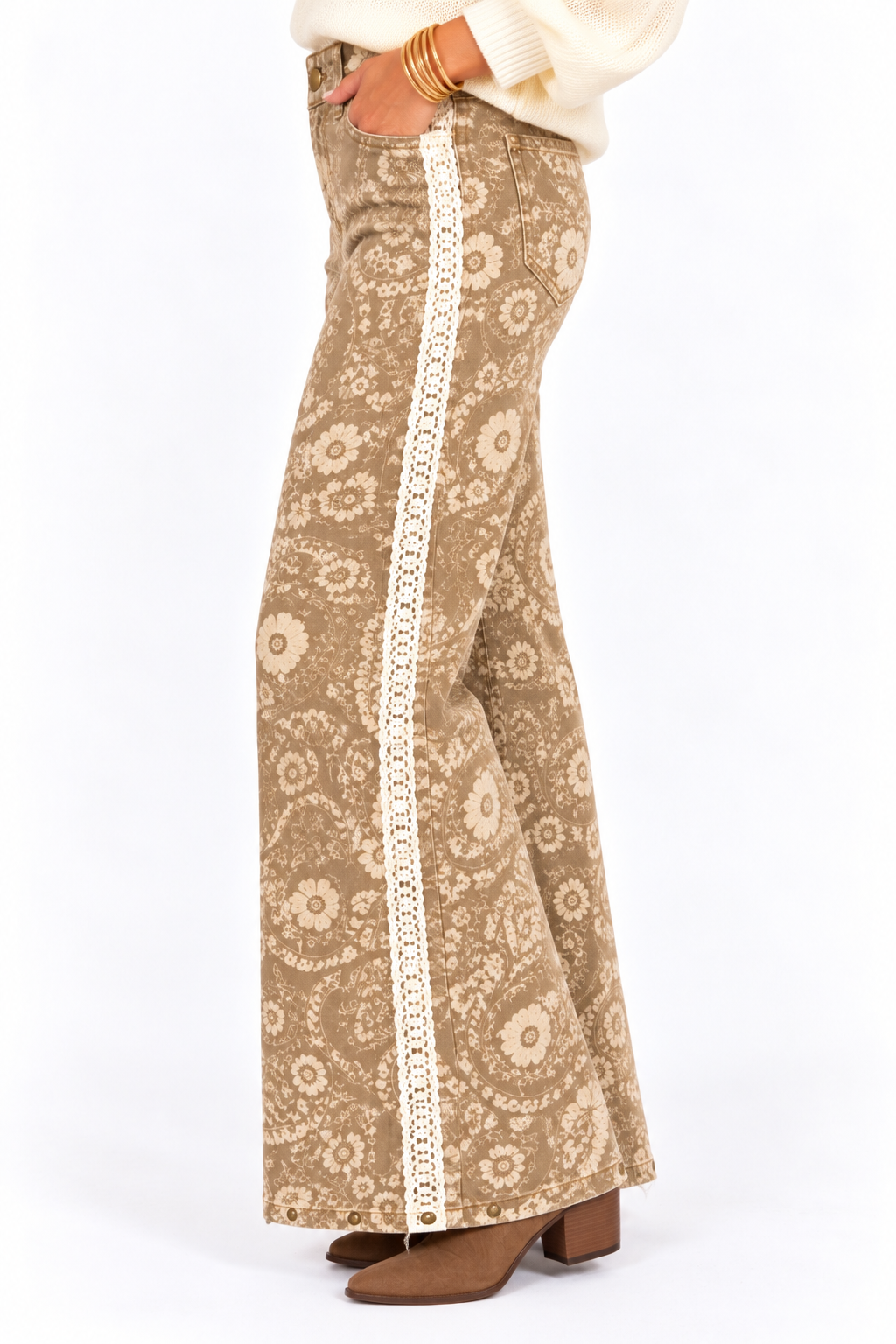 Heather Paisley Lace Trim Wide Leg Pants – Taupe