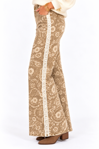 Heather Paisley Lace Trim Wide Leg Pants – Taupe