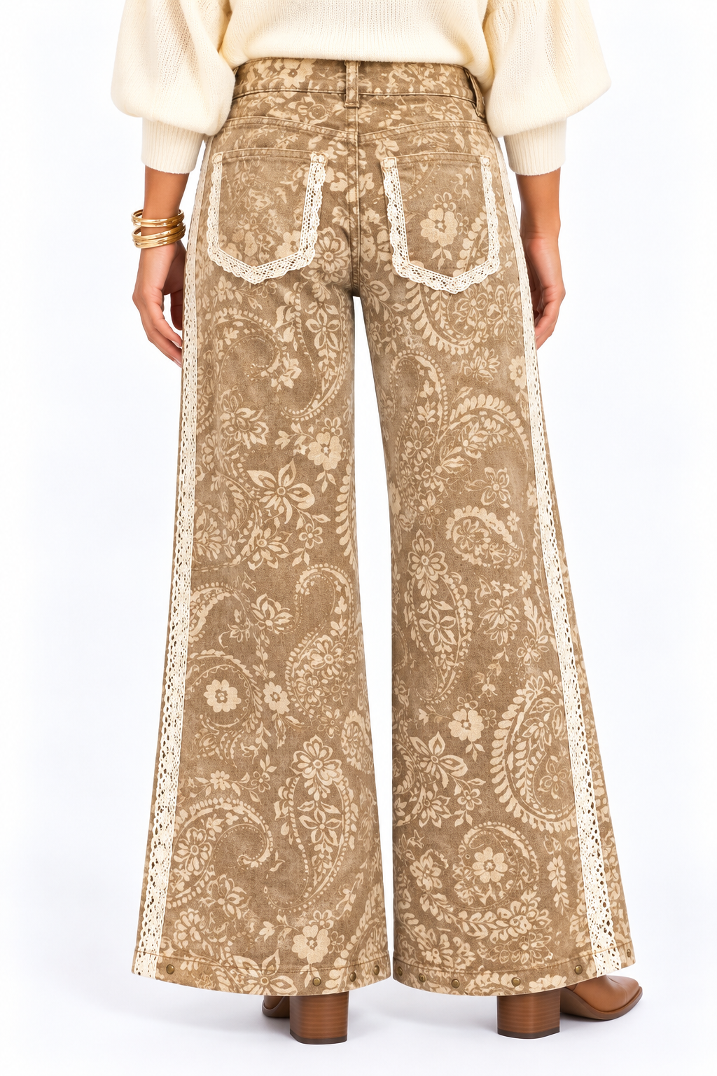 Heather Paisley Lace Trim Wide Leg Pants – Taupe