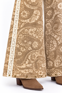 Heather Paisley Lace Trim Wide Leg Pants – Taupe