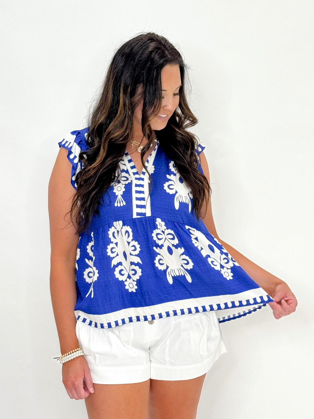 Fiesta Bloom Embroidered Flutter Top- Coastal Blue