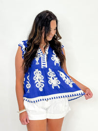 Fiesta Bloom Embroidered Flutter Top- Coastal Blue