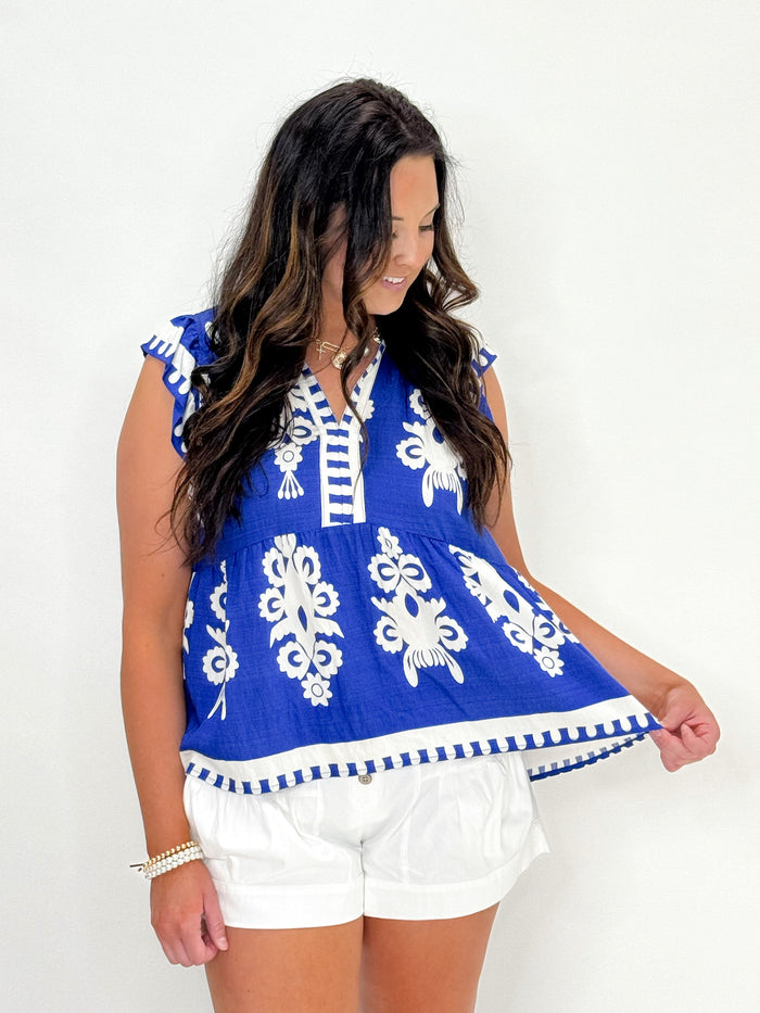 Fiesta Bloom Embroidered Flutter Top- Coastal Blue