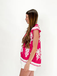 Fiesta Bloom Embroidered Flutter Top - Hot Pink