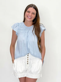 Powder Sky Smocked Flutter Top