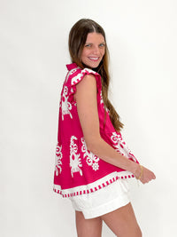 Fiesta Bloom Embroidered Flutter Top - Hot Pink